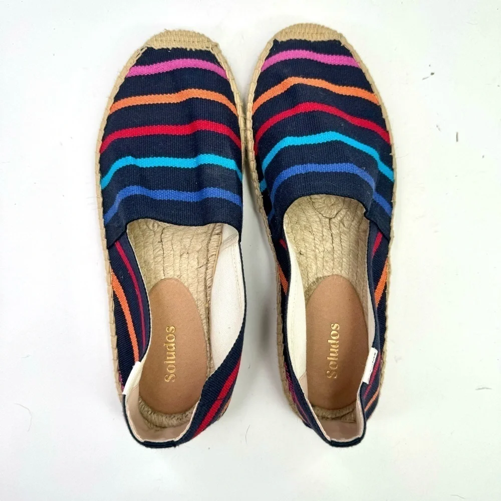 Soludos The Dali rainbow striped espadrilles navy background recycled cotton 9